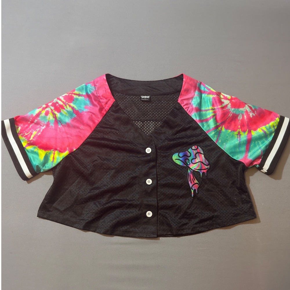 Spencers Womens Black Mesh Cropped Jersey Trippin Mushroom Tie Dye Shirt Large